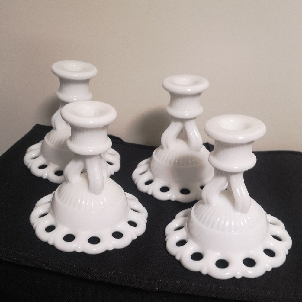Four Vintage Westmoreland White Milk Glass Taper Candle Holders, Holiday Table
